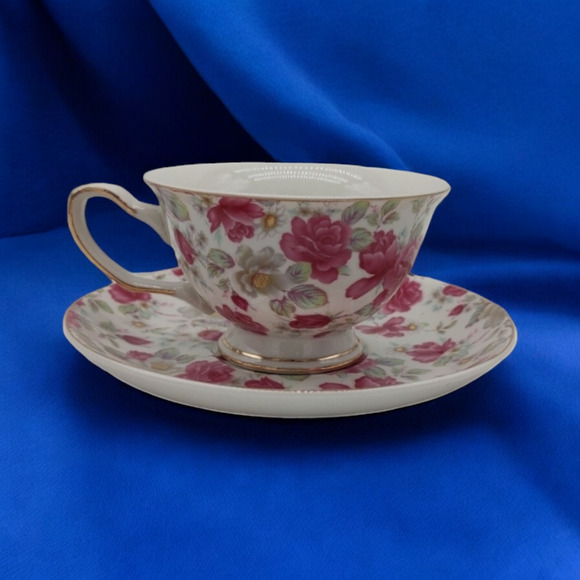 Grace's Teaware Victorian Charm Cup and Saucer Set Pink Floral Blooming Roses - Picture 2 of 11